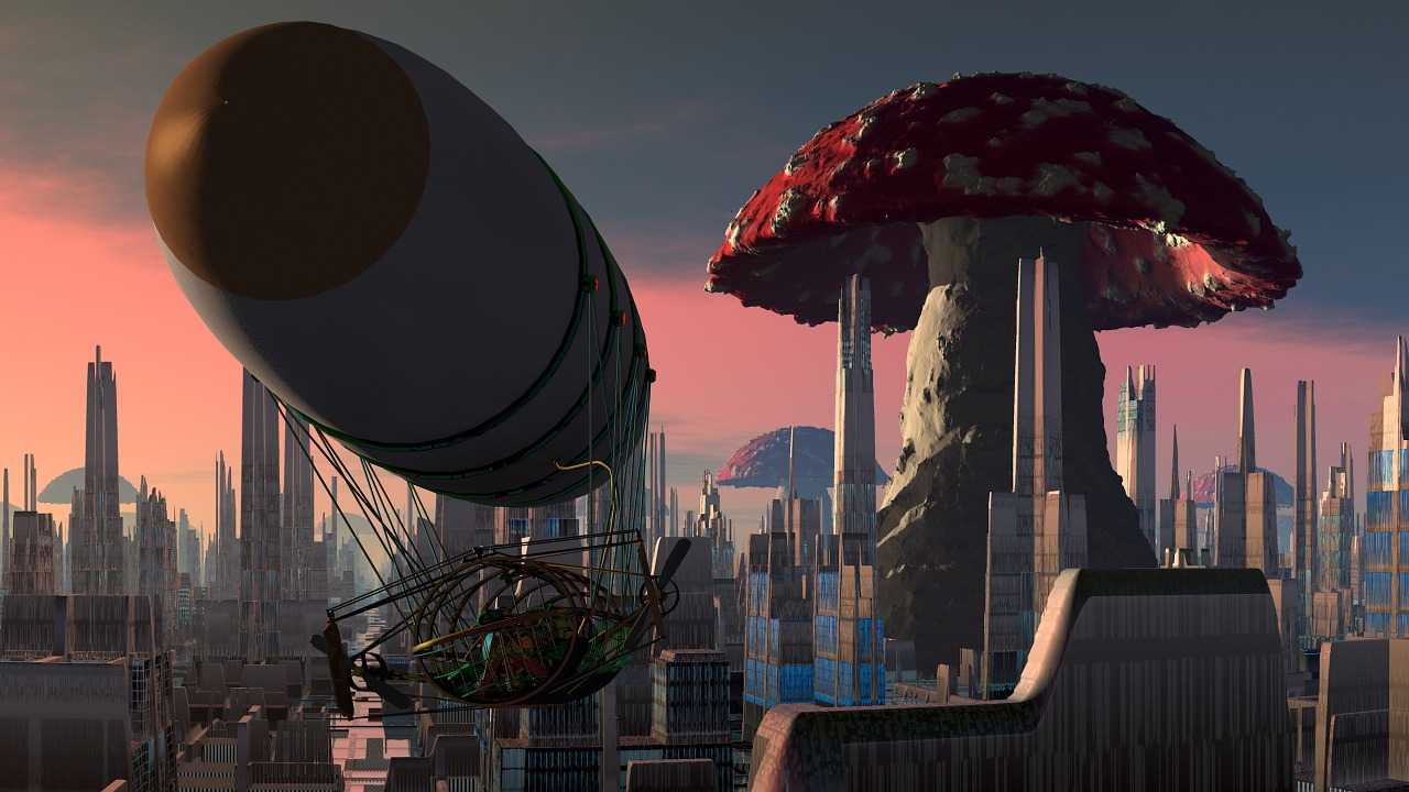 a pixelated cityscape with mushroom towers and a dirigible